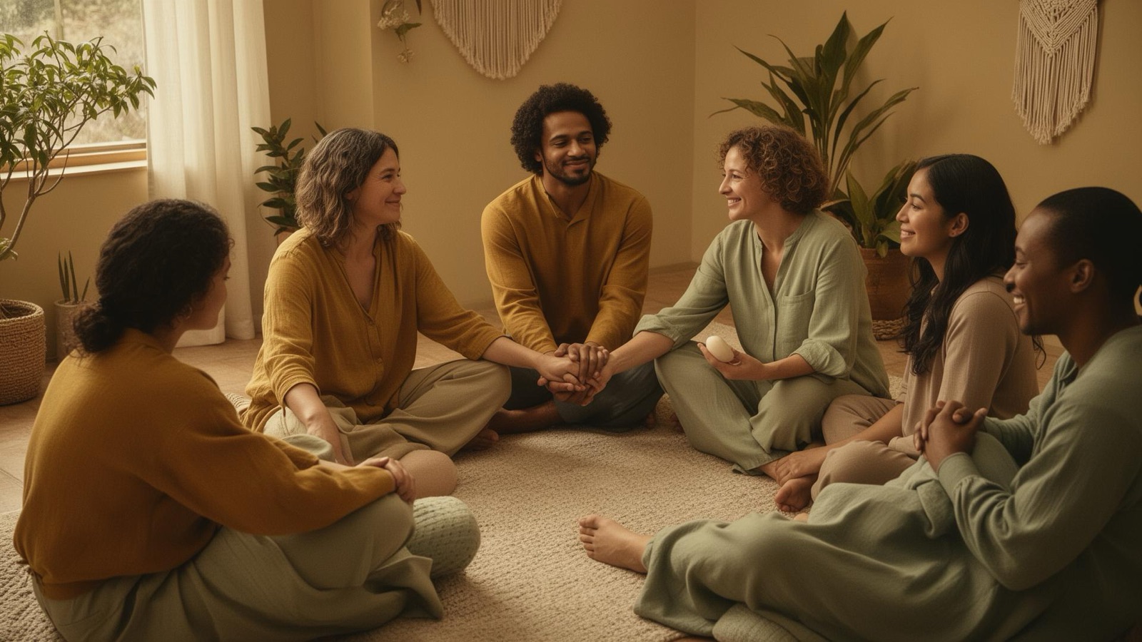 People sitting together in a warm room, holding hands in a circle